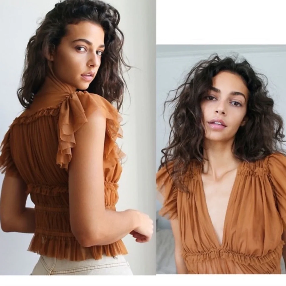 Free People Rustic Caramel Ruffled V-Neck Top - Picture 3 of 11